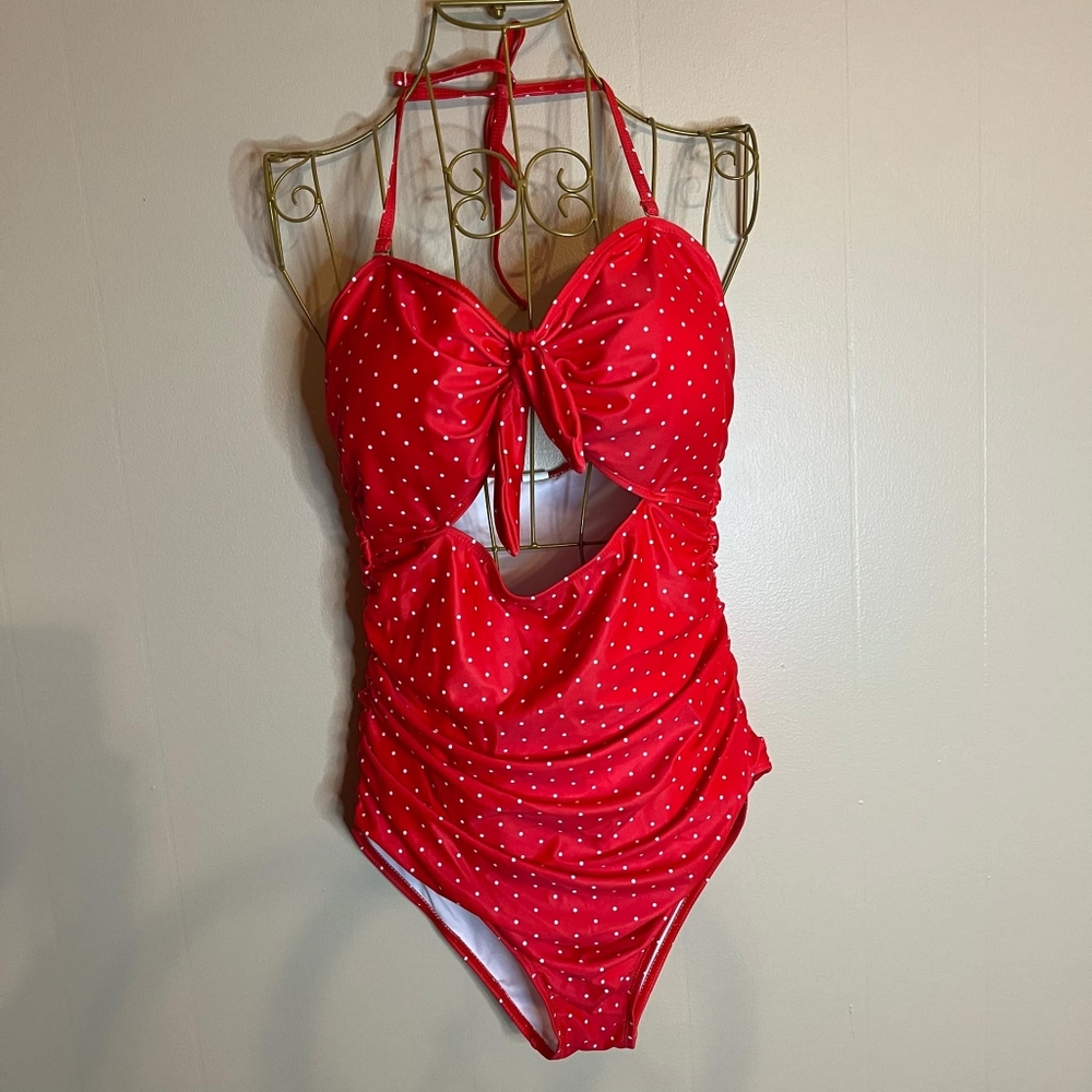 Tempt Me Red Polka Dot Large Vintage Look One Piece Halter Swim Suit